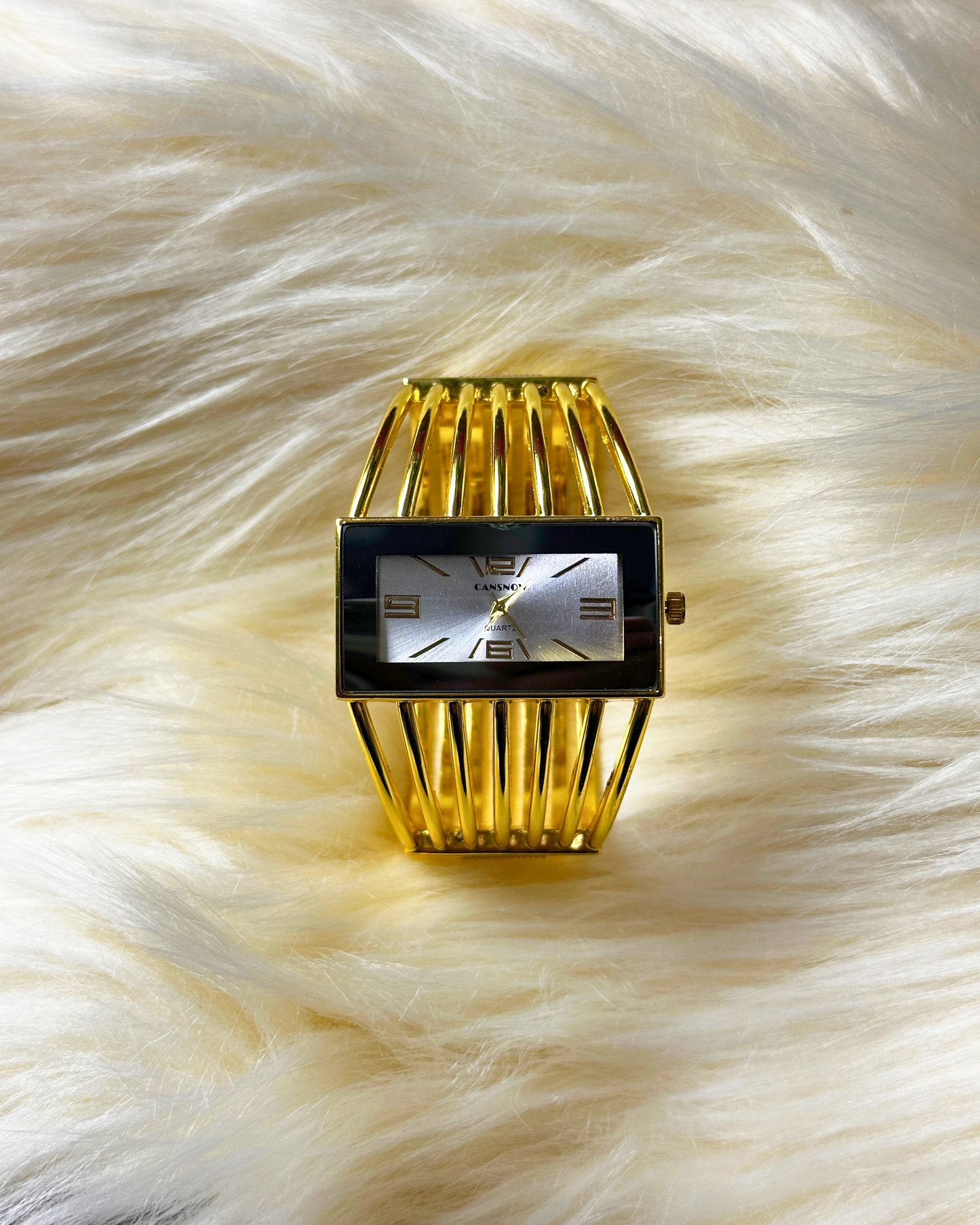 Vintage Cansnow Ladies’ Gold-Tone Statement Bangle Quartz Watch – Rectangular Dial