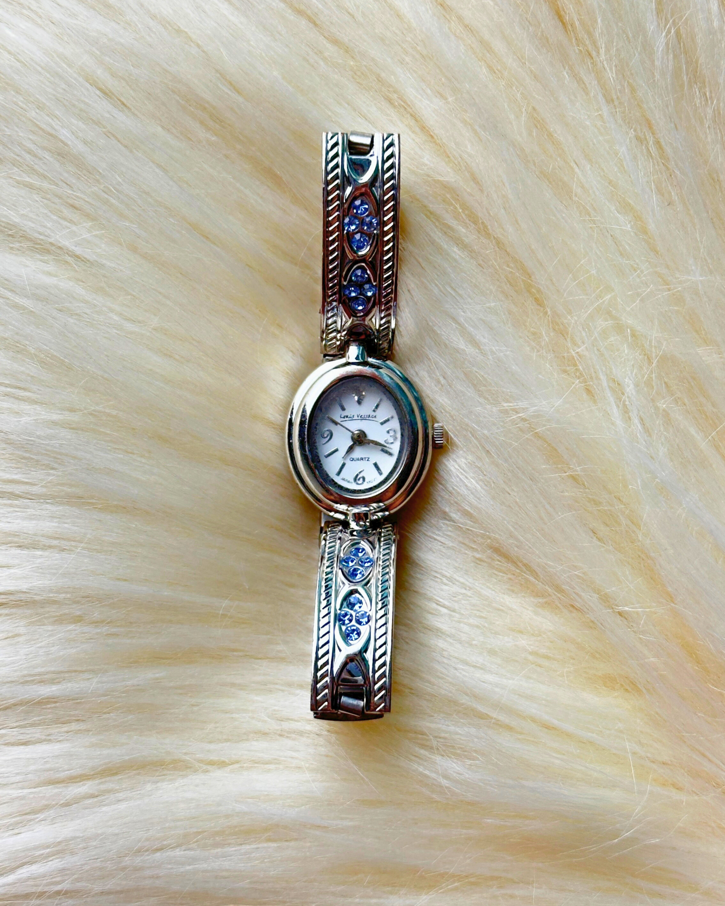 Vintage Louis Vessace Ladies’ Silver-Tone Crystal Bangle Quartz Watch – White Oval Dial