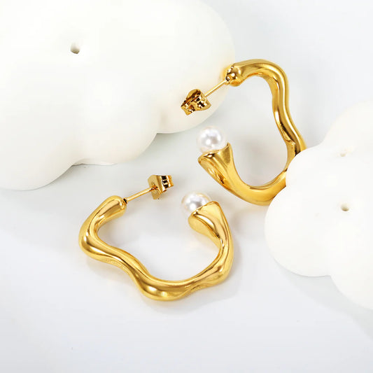 Organic Wave Hoop Earrings with Pearl
