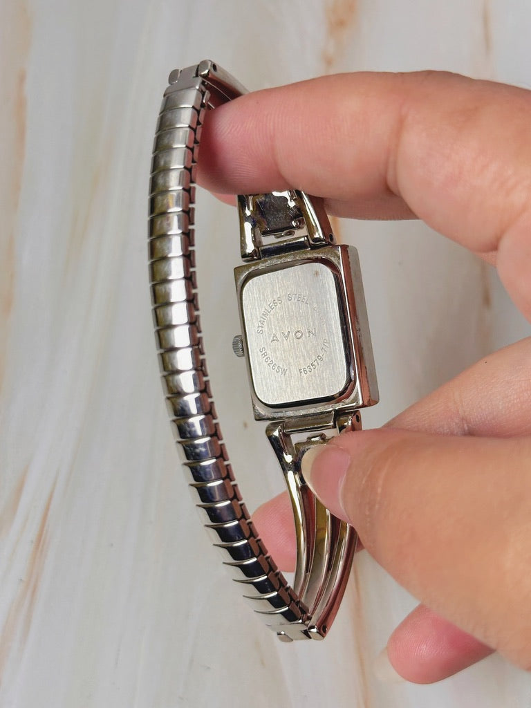 Ladies Bangle + Stretchable Watch – Silver Tone – Black Dial – Stretch Bracelet