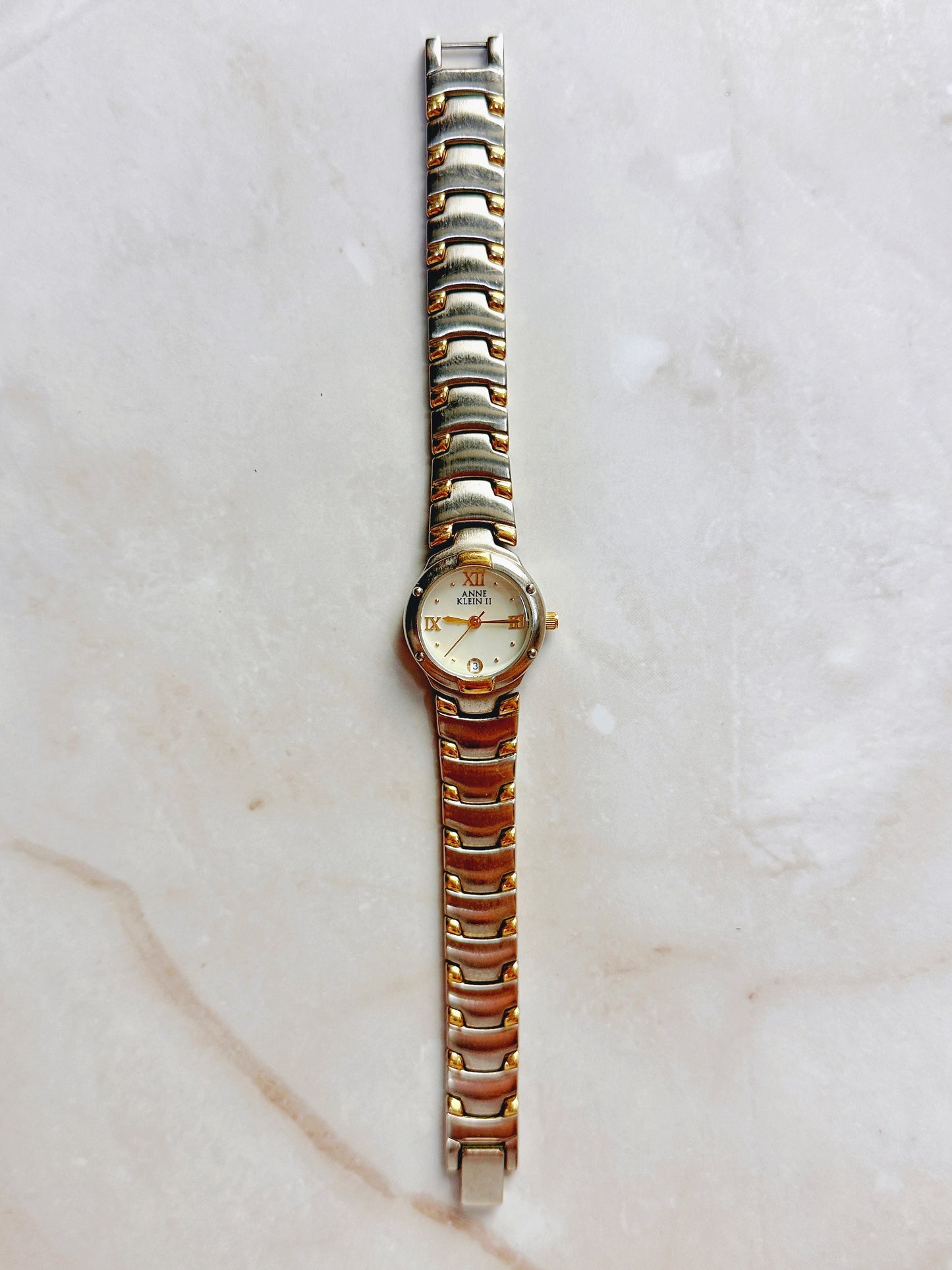 Anne Klein II Quartz Watch – Two-Tone Case with Roman Numeral Dial & Date (WR 30M)