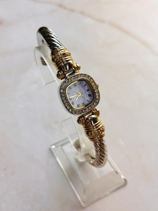 Elegant Two-Tone Women’s Bangle Watch – Mother of Pearl Dial – Crystal Bezel – Quartz
