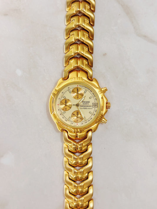 Pulsar Men’s Gold-Tone Chronograph Watch – Tachymeter – 100M Water Resist – Quartz