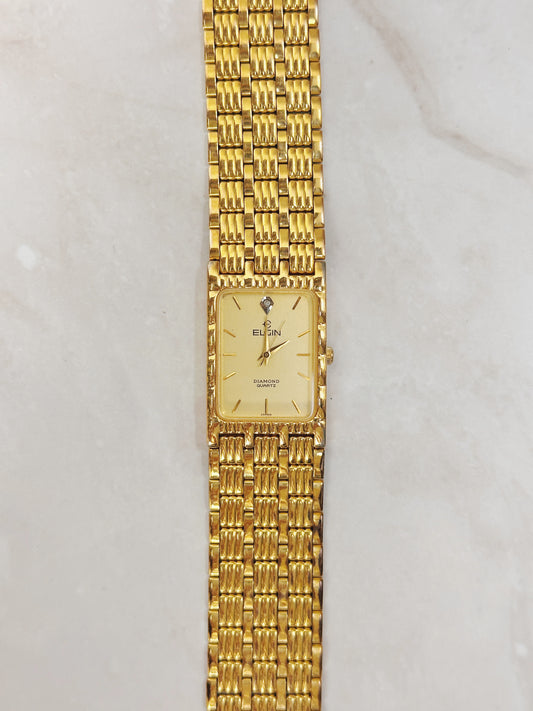 Elgin Diamond Quartz Gold-Tone Rectangular Watch – Classic Dress Style