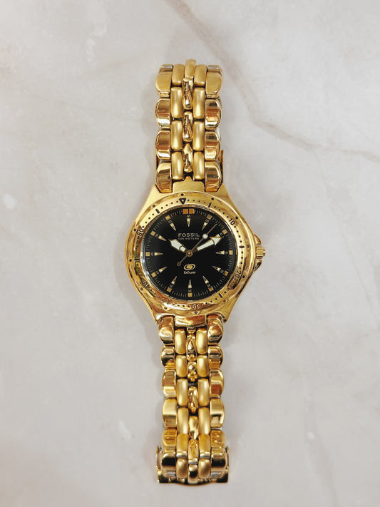 Fossil Blue Men's 100M Round Gold-Tone Diver Watch – Black Dial – Rotating Bezel – Quartz