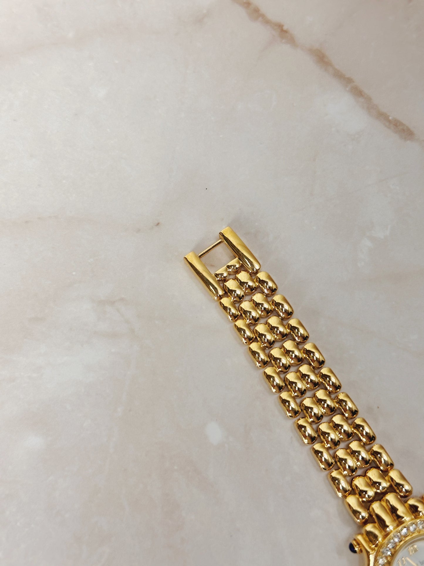 Hervé Bernard Petite Round Gold-Tone Watch – Crystal Bezel & Dial Accents – Elegant Dress Style – Quartz