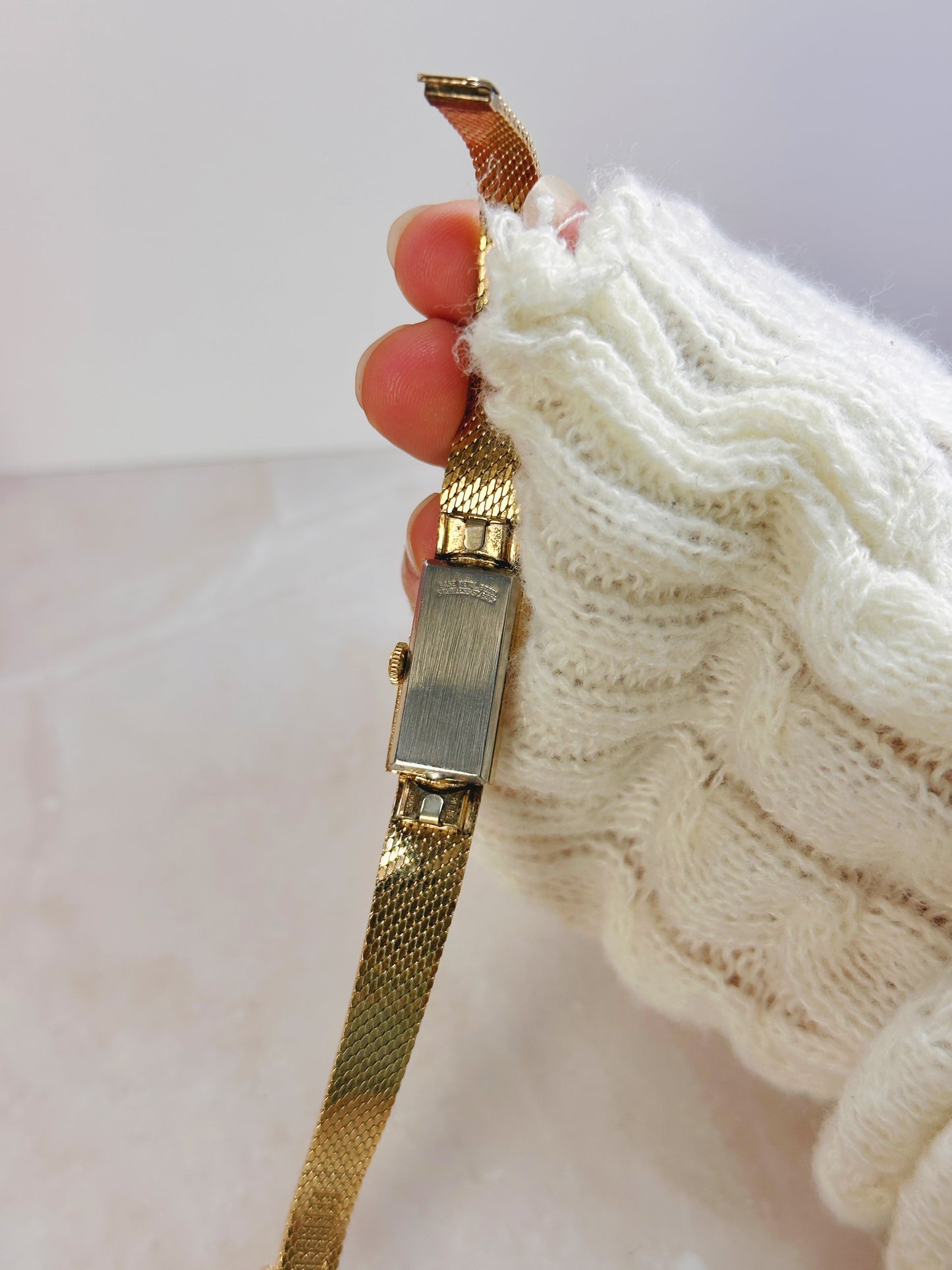 Helbros Gold-Tone Rectangular Watch – Manual Wind – Vintage Ladies – Crystal Accents