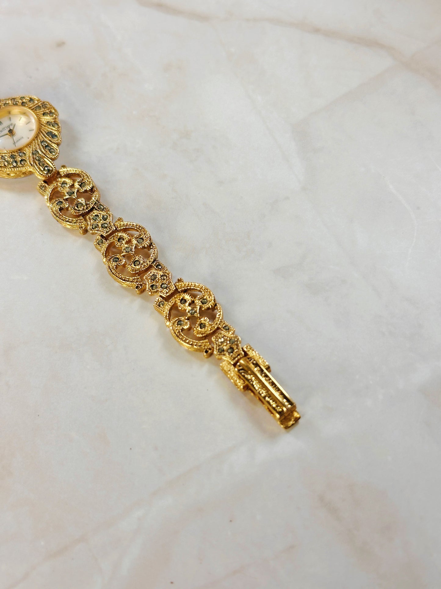 OnTime Gold-Tone Ladies Watch – Ornate Filigree Bracelet – Marcasite Style