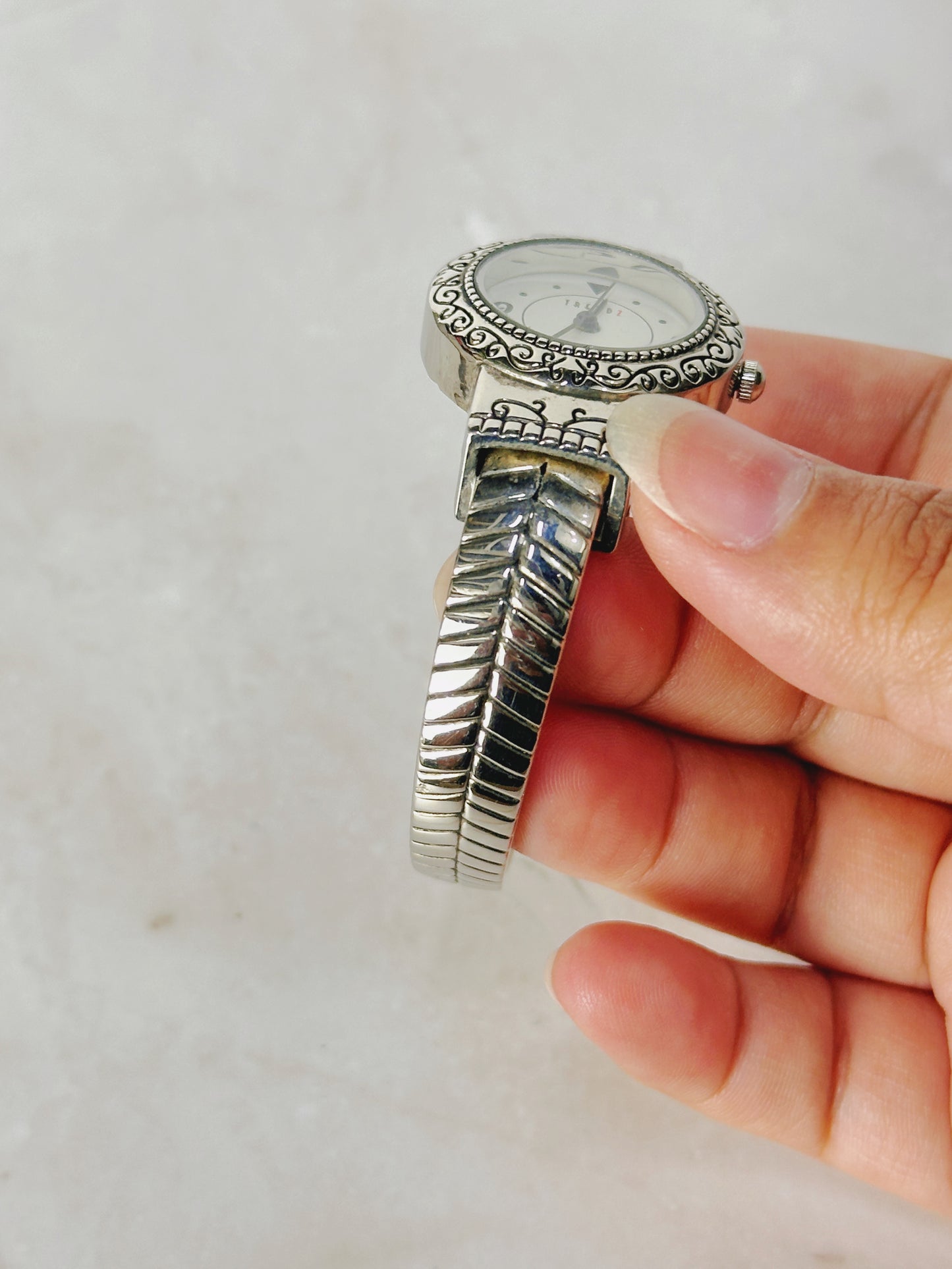 TRENDZ Ornate Silver-Tone Bangle Watch – Scroll Bezel – Quartz – New Battery