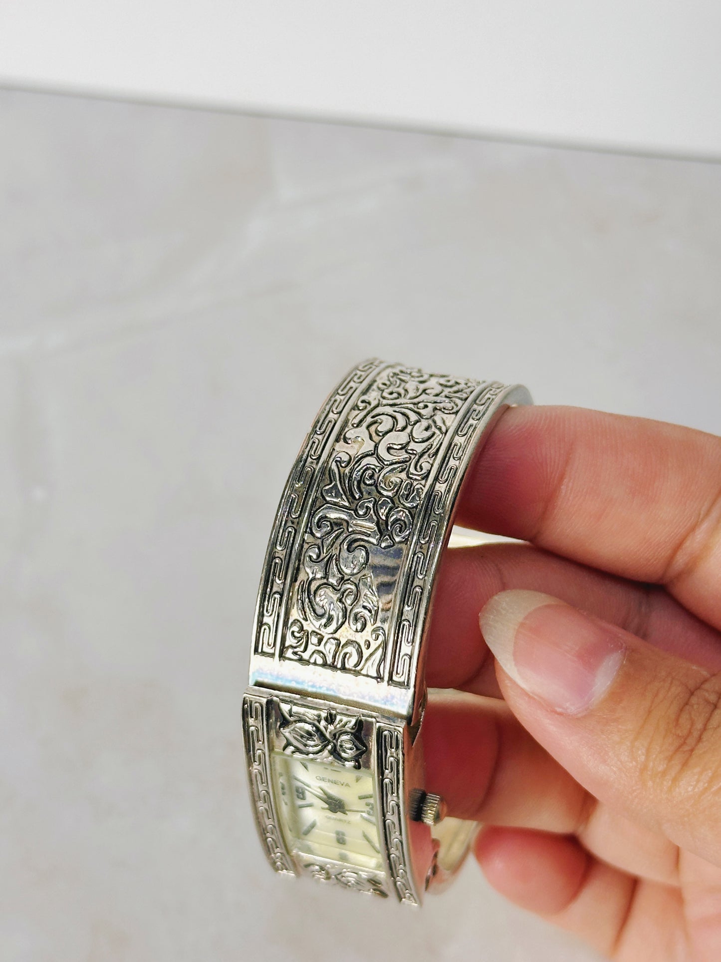 Geneva Ornate Silver Cuff Watch – Rectangular Dial – Quartz