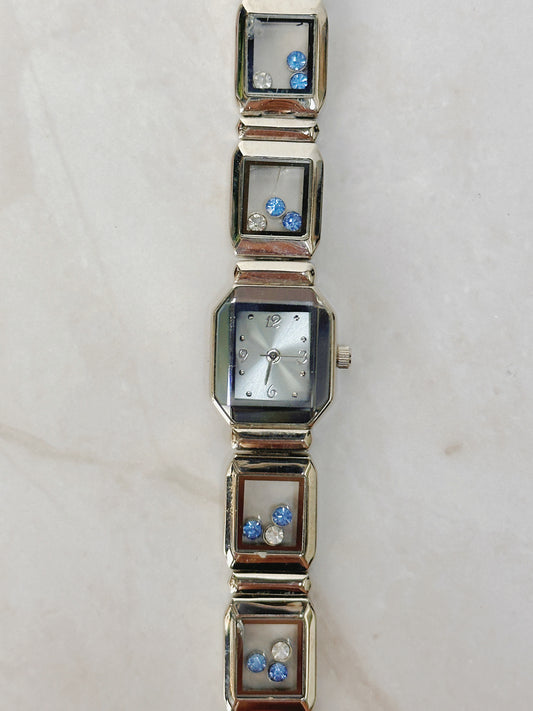 Silver Tone Bracelet Watch with Blue Crystal Accents – Square Case – Quartz – New Battery