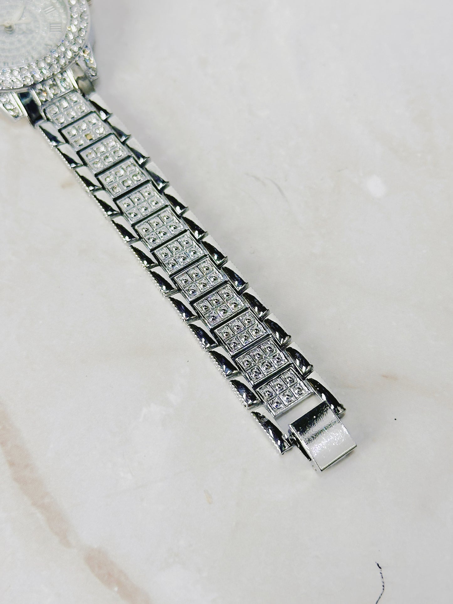 Silver Tone Rhinestone Quartz Watch – Ladies – Roman Numerals – Fully Iced Style – New Battery