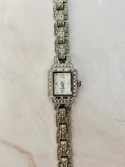 Vintage Style Silver Tone Rhinestone Bracelet Watch – Rectangular Dial – Ladies – New Battery