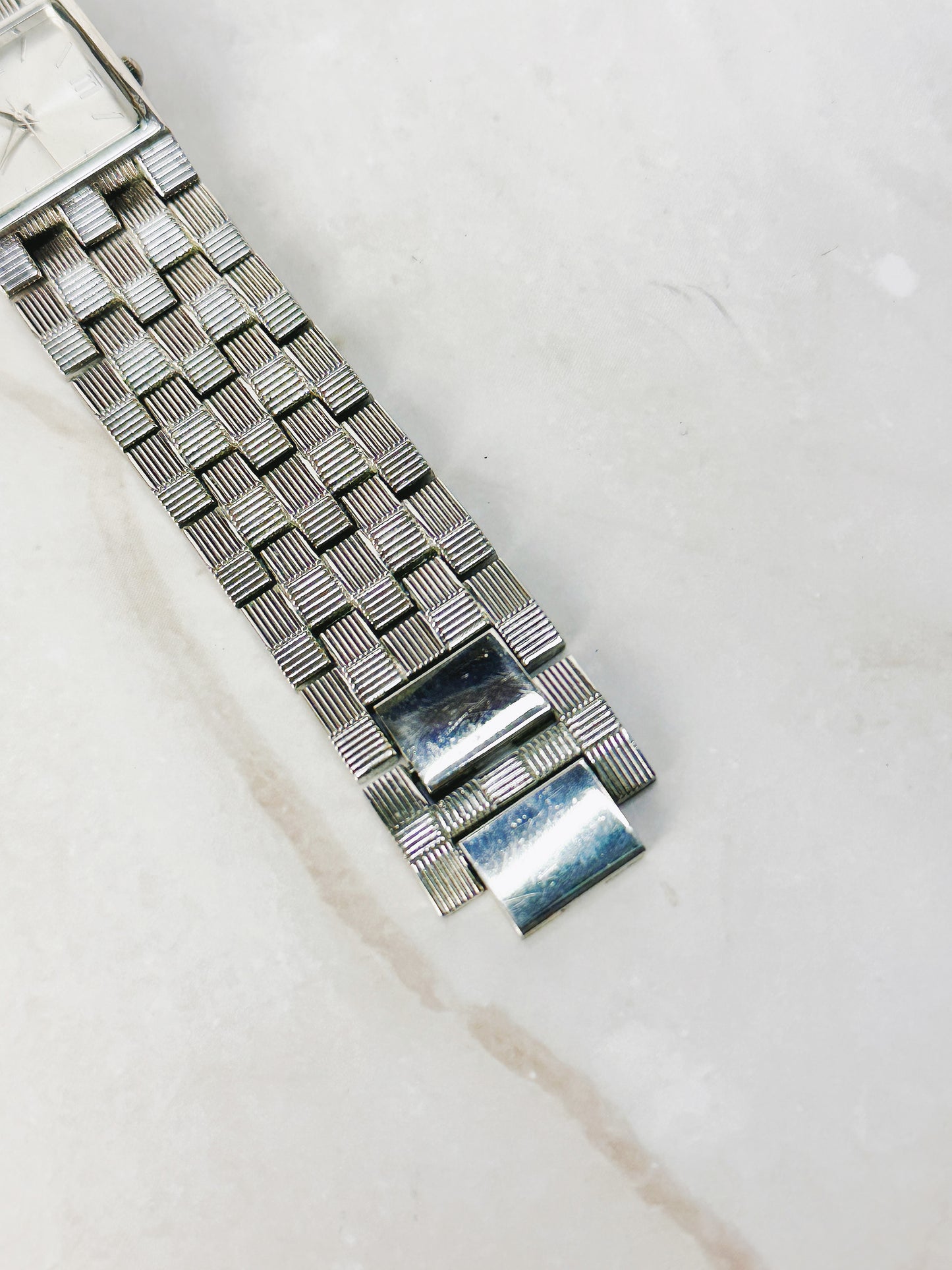 Vintage Silver Tone Square Quartz Watch – Textured Bracelet – Ladies – New Battery