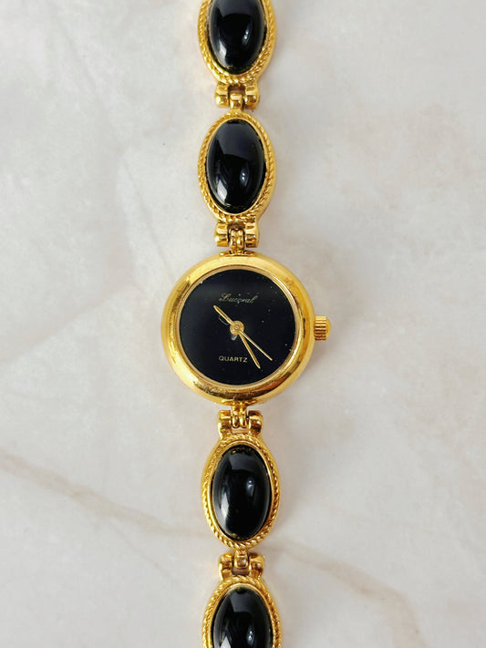 Lucoral Gold Tone Bracelet Watch – Black Dial & Cabochon Accents – Quartz – New Battery