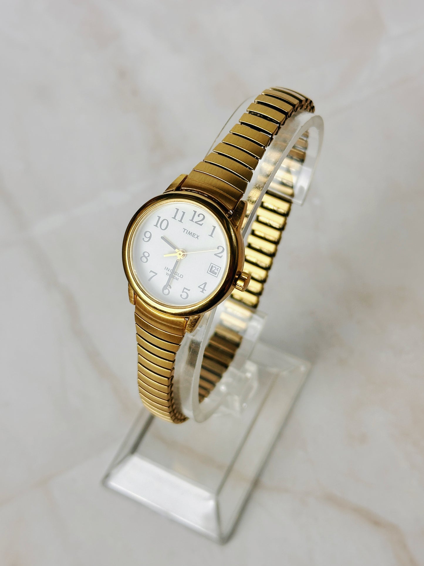 Timex Indiglo Gold Tone Quartz Watch – Ladies – Date – Expansion Bracelet – New Battery