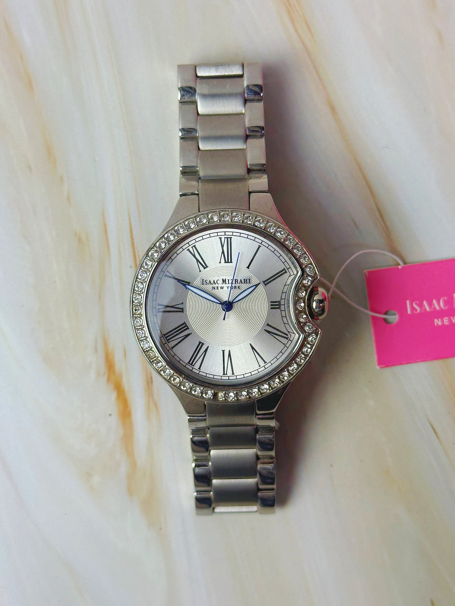 Isaac Mizrahi New York Ladies Watch – Silver Tone – Crystal Bezel – Roman Dial – With Box