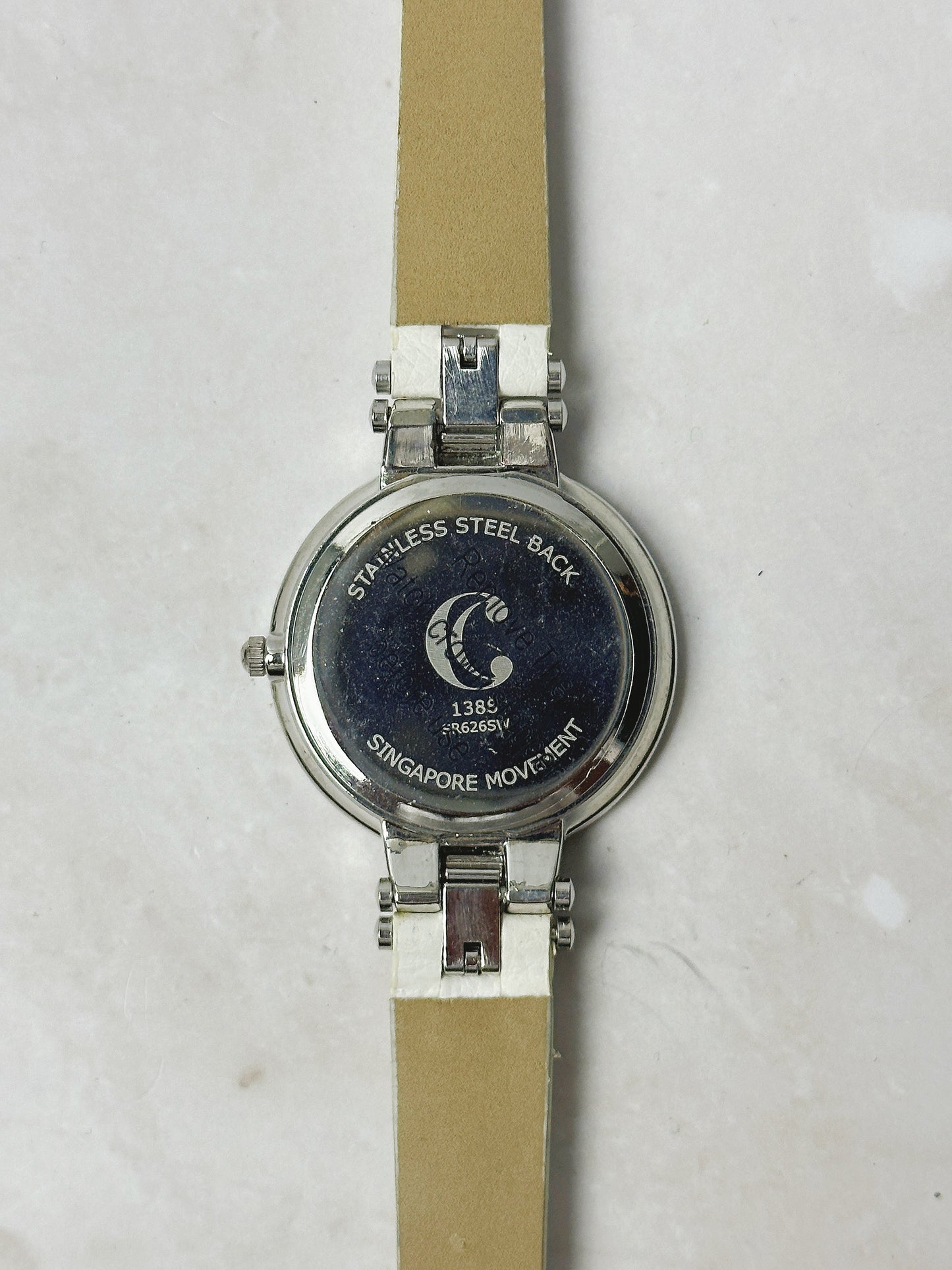 C Ladies Watch – Crystal Bezel – Silver Tone Dial – White Leather Strap