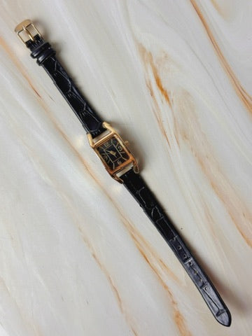 Vintage Women’s Rectangular Watch – Quartz – Gold Tone Case – Black Dial – Leather Strap