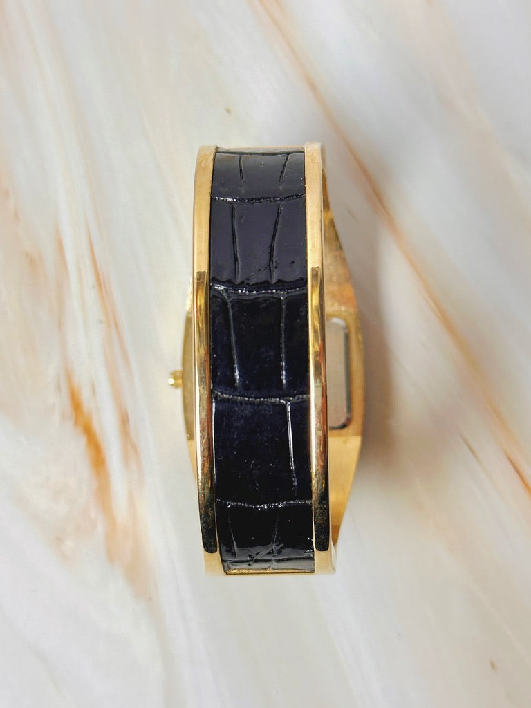 Studio Time Ladies Watch – Gold Tone Bangle – Black Leather – Quartz