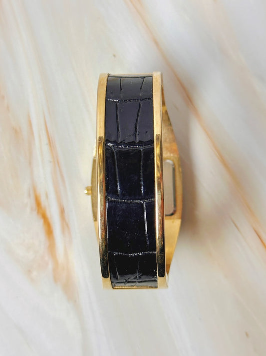 Studio Time Ladies Watch – Gold Tone Bangle – Black Leather – Quartz