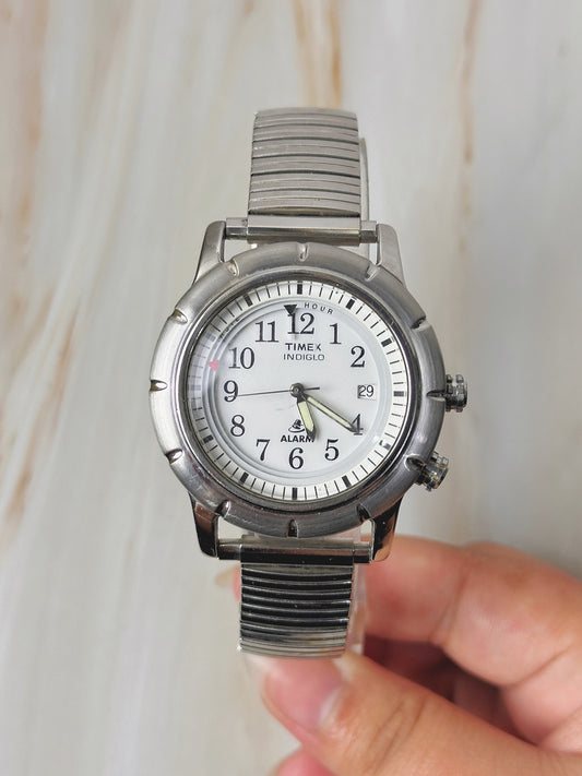 Timex Indiglo Alarm Watch – Silver Tone – Date – Stretch Bracelet