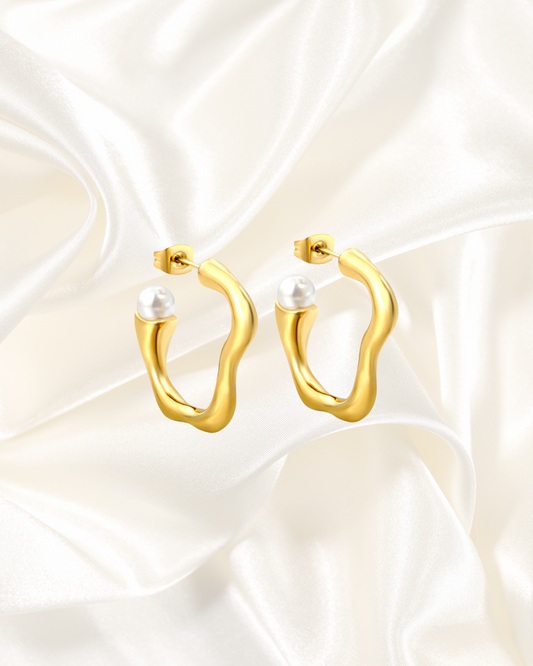 Organic Wave Hoop Earrings with Pearl