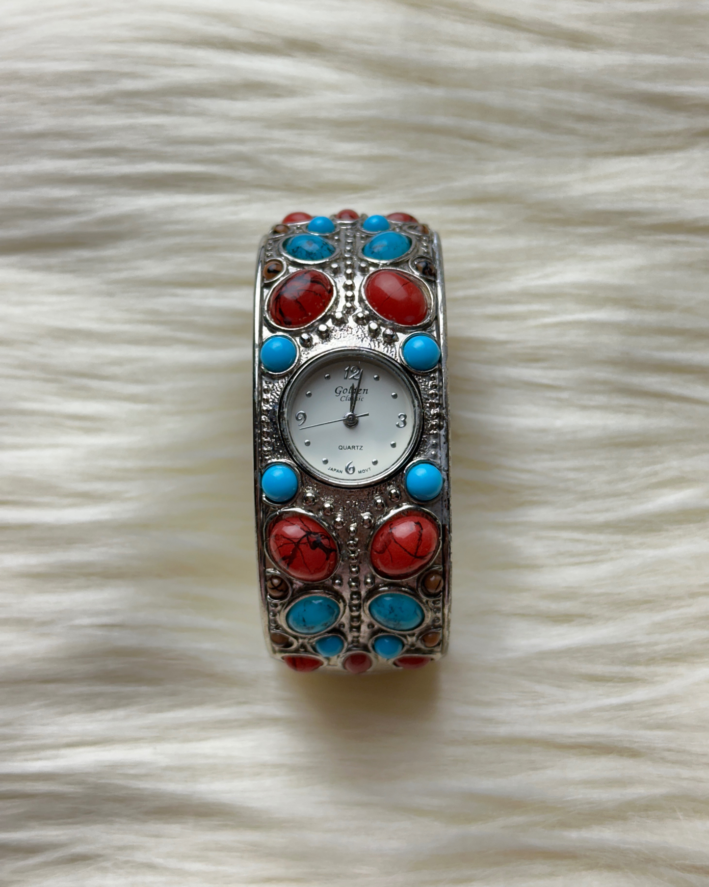 Vintage Golden City Ladies’ Quartz Cuff Watch with Red & Turquoise Stones