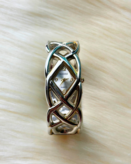Vintage Kessaris Ladies’ Silver-Tone Openwork Bangle Quartz Watch – Petite Diamond-Shaped Dial