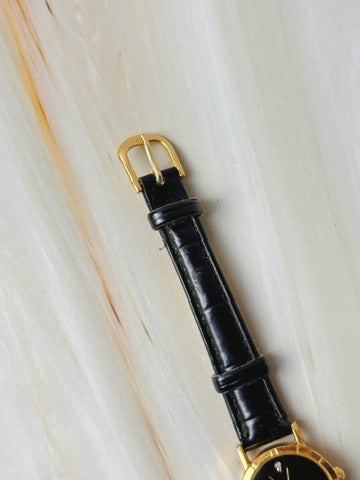 Diamond Quartz Women’s Watch – Gold Tone – Black Dial - Leather Black Strap