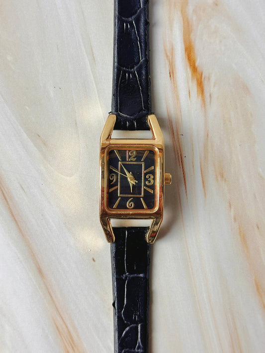 Vintage Women’s Rectangular Watch – Quartz – Gold Tone Case – Black Dial – Leather Strap