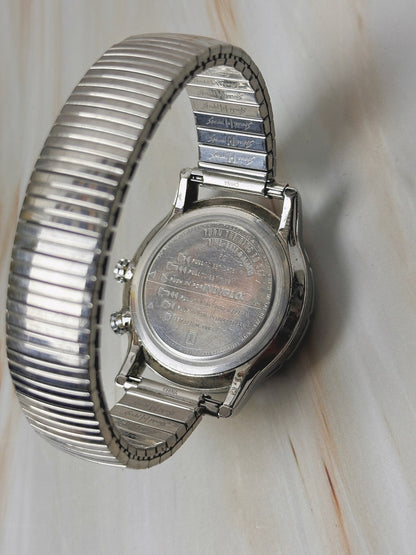 Timex Indiglo Alarm Watch – Silver Tone – Date – Stretch Bracelet