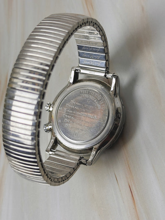 Timex Indiglo Alarm Watch – Silver Tone – Date – Stretch Bracelet