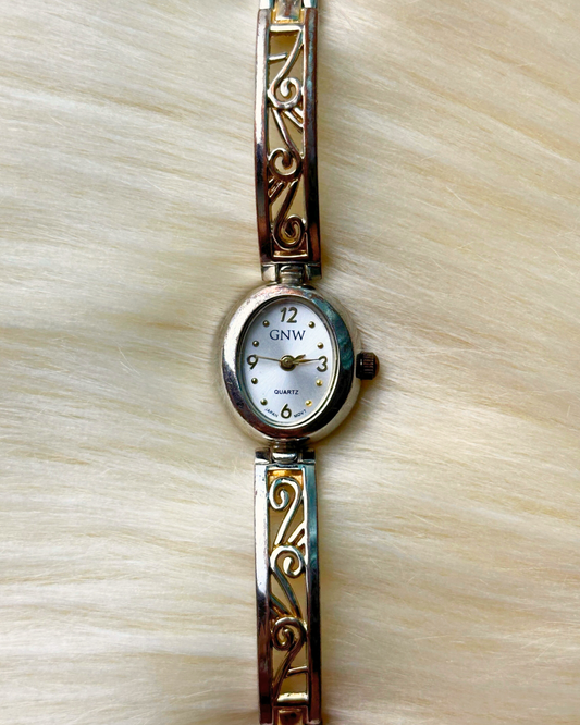 Vintage GNW Ladies’ Two-Tone Ornate Bangle Quartz Watch – White Dial