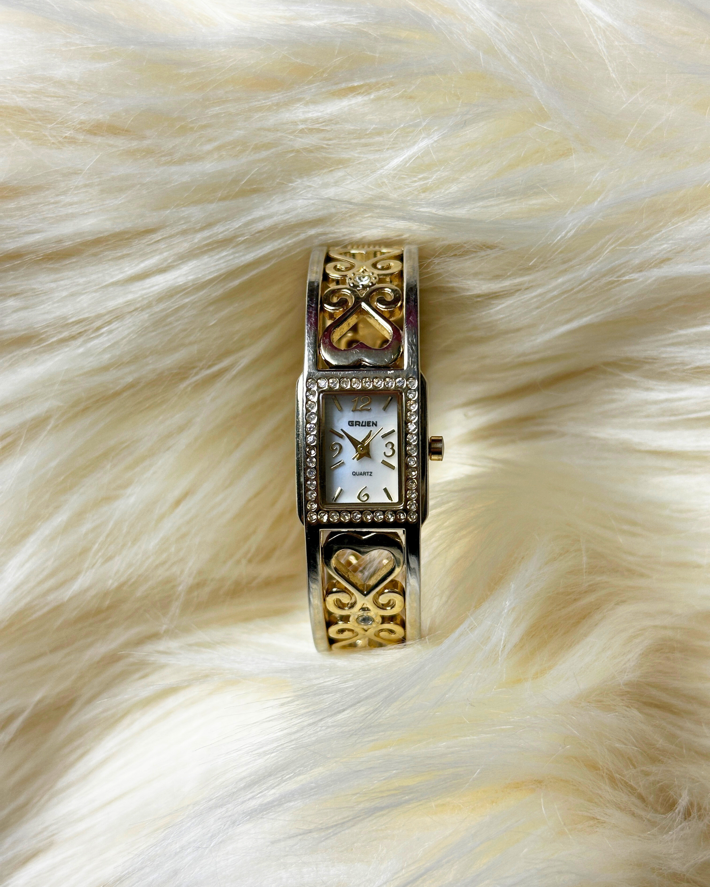 Vintage Gruen Ladies’ Gold-Tone Bangle Quartz Watch – Rectangular Crystal Accent Dial