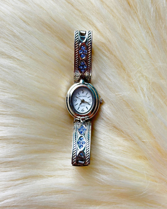 Vintage Louis Vessace Ladies’ Silver-Tone Crystal Bangle Quartz Watch – White Oval Dial