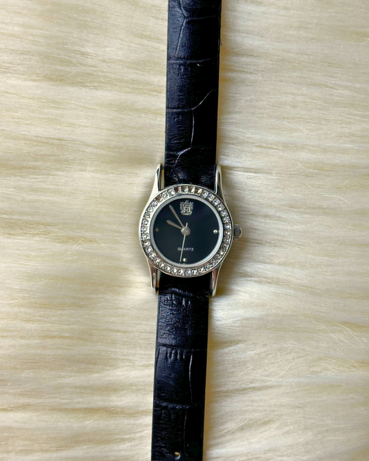 Vintage Ladies’ Silver-Tone Crystal Bezel Quartz Watch – Black Dial