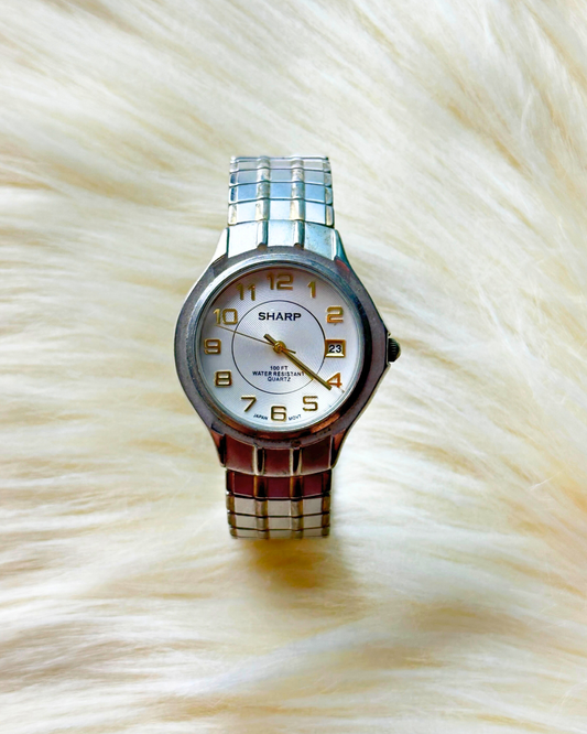 Vintage Sharp Men’s Silver-Tone Water-Resistant Quartz Watch – White Dial with Date