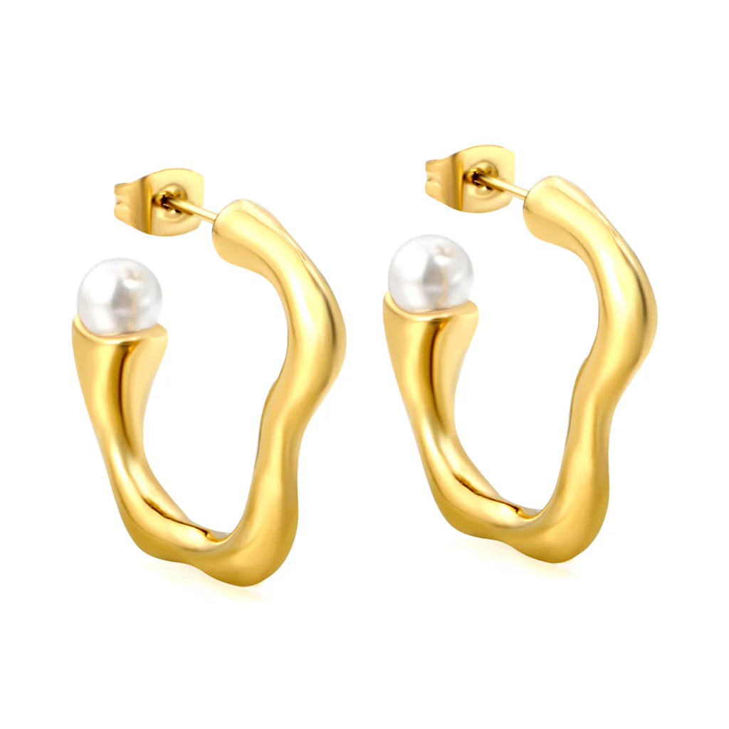 Organic Wave Hoop Earrings with Pearl