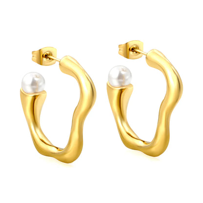 Organic Wave Hoop Earrings with Pearl
