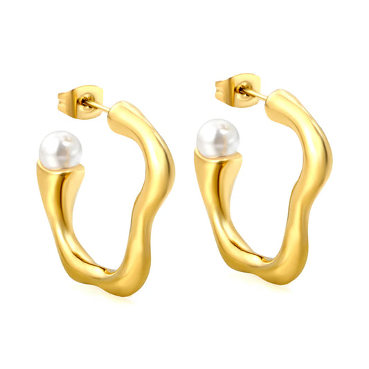 Organic Wave Hoop Earrings with Pearl