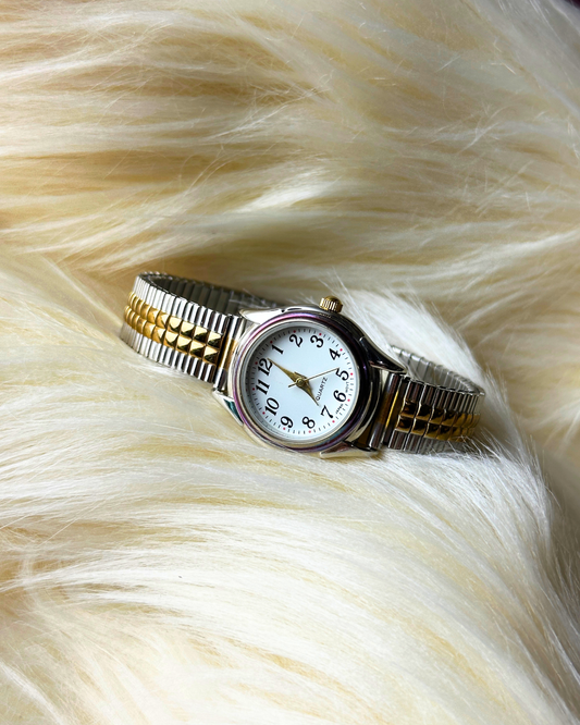 Vintage Ladies’ Two-Tone Stretch Band Quartz Watch – White Dial