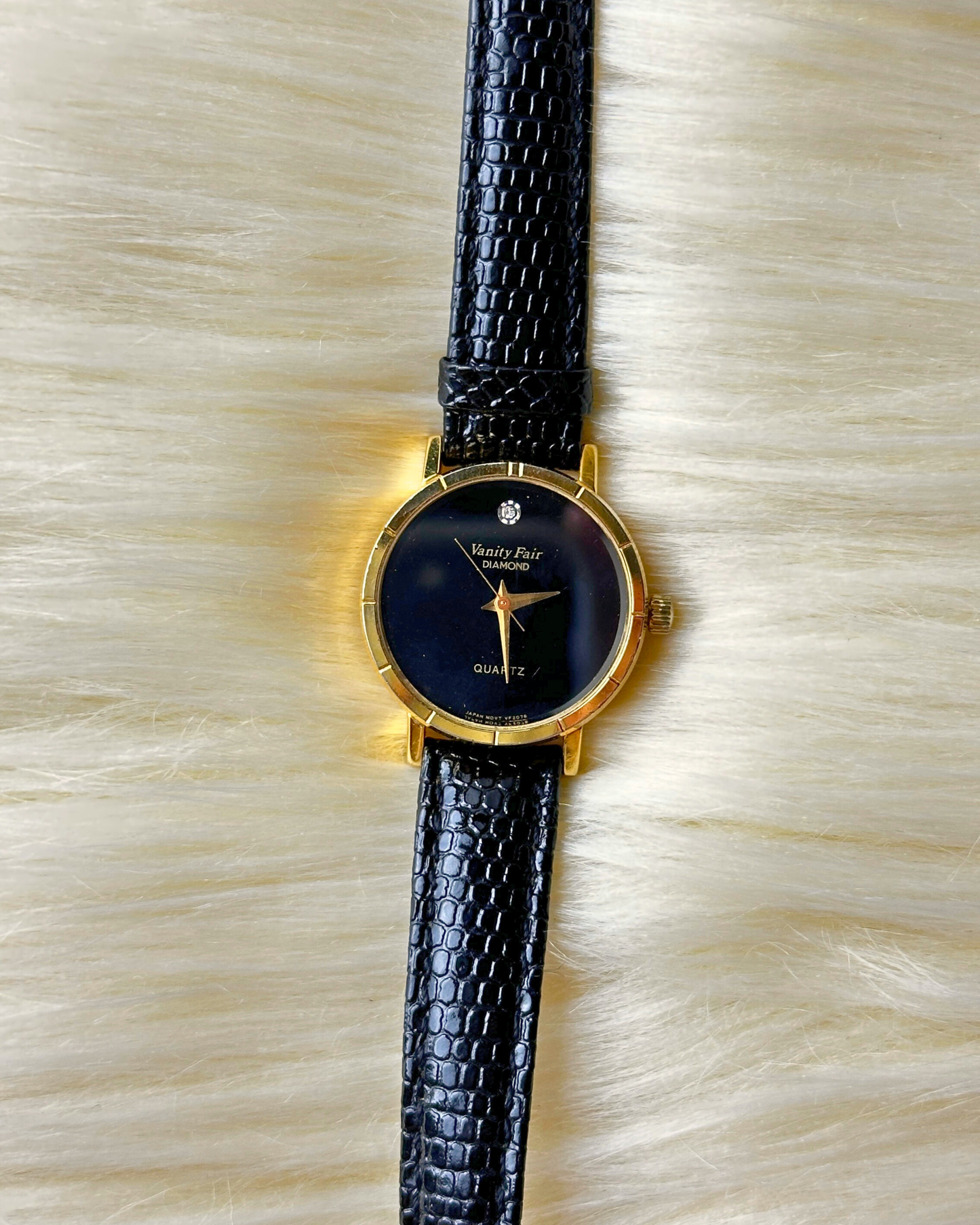 Vintage Vanity Fair Ladies’ Gold-Tone Black Dial Quartz Watch – Diamond Accent
