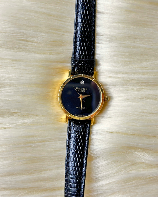 Vintage Vanity Fair Ladies’ Gold-Tone Black Dial Quartz Watch – Diamond Accent