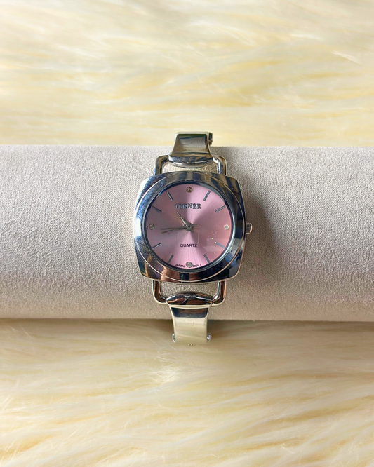 Vintage Terner Ladies’ Silver-Tone Bangle Quartz Watch – Pink Dial