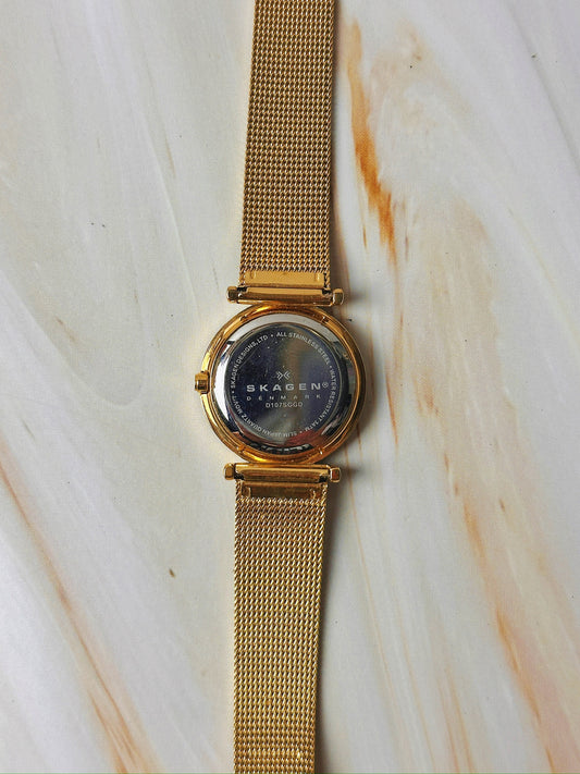 Skagen Ladies Watch – Gold Tone Mesh Bracelet – Crystal Markers