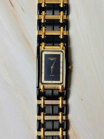 Longines QWR Rectangular Watch – Gold & Black – Elegant Vintage Style