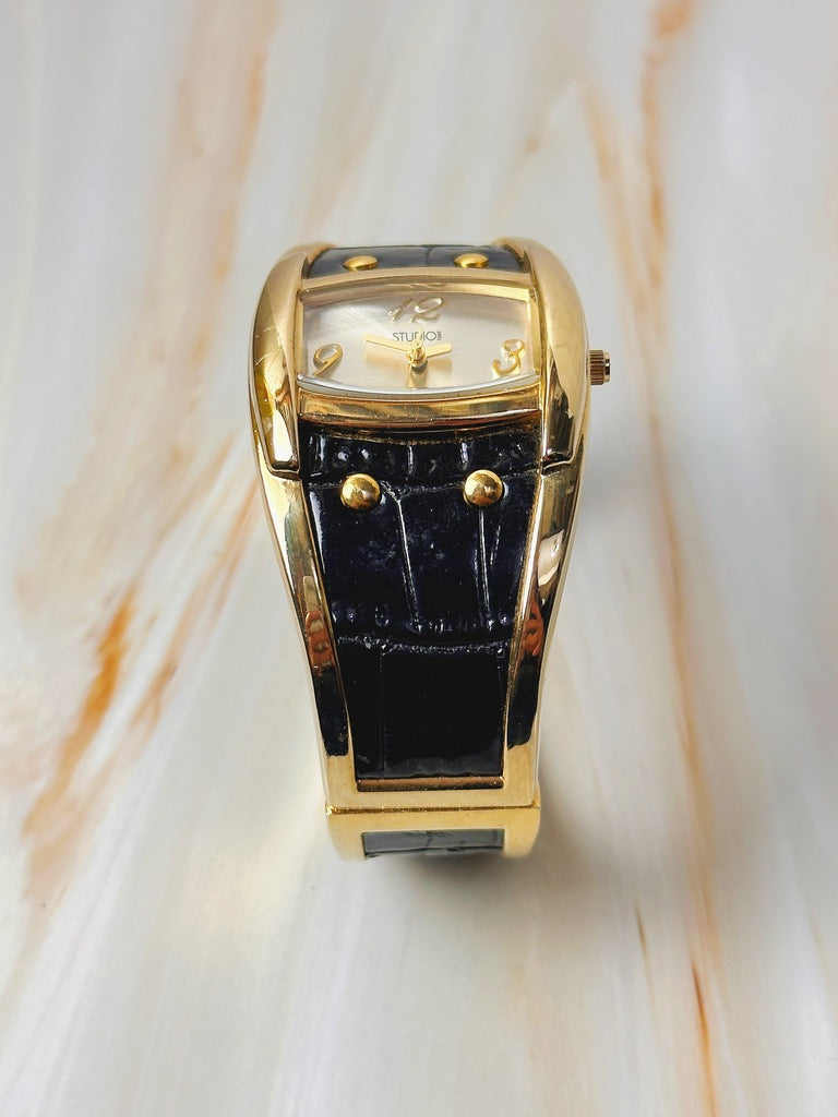 Studio Time Ladies Watch – Gold Tone Bangle – Black Leather – Quartz