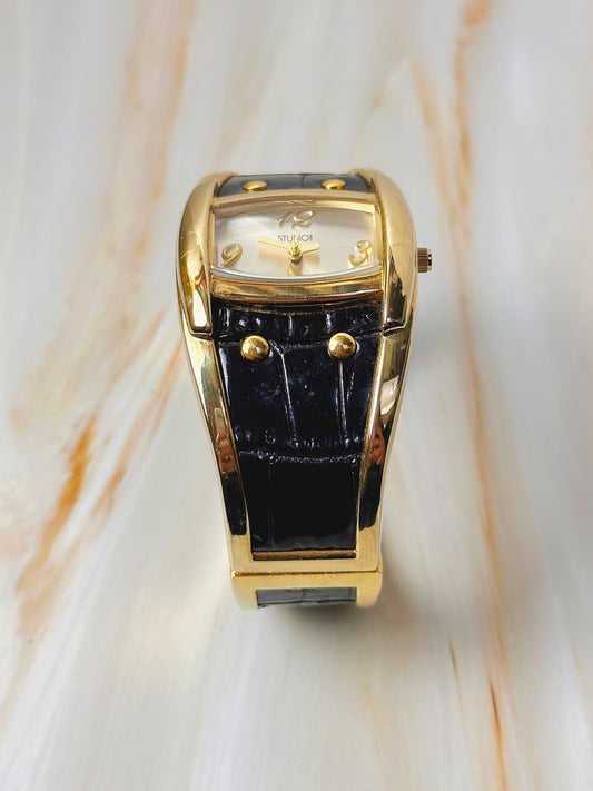 Studio Time Ladies Watch – Gold Tone Bangle – Black Leather – Quartz