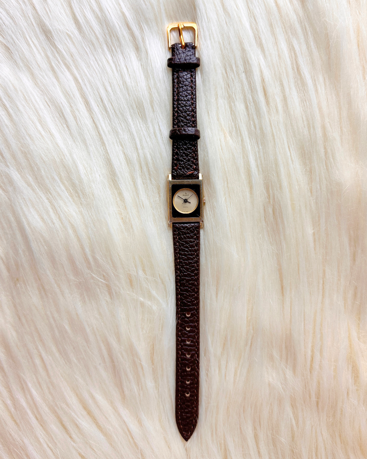 Peugeot Quartz Watch – Gold Tone Rectangular Case, Brown Leather Strap